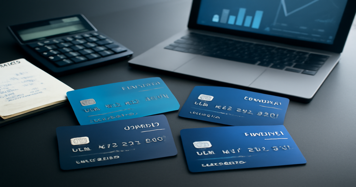Diverse debit cards with cashback options on a professional desk for financial planning.