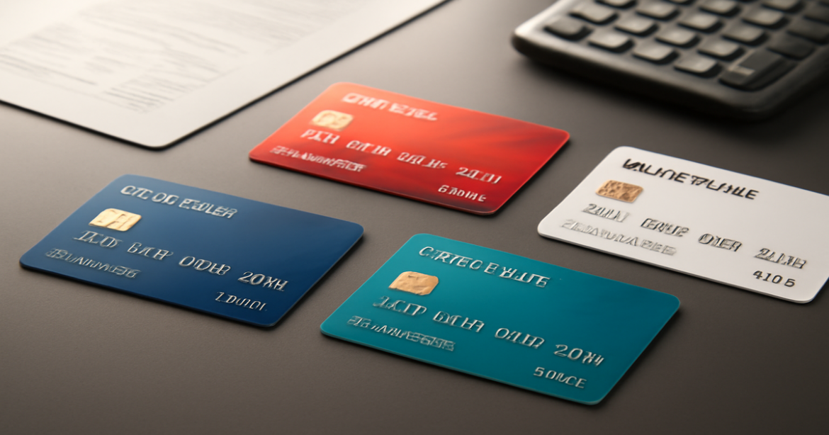 A selection of дебетовые карты с кэшбэком on a modern desk, showcasing financial options.