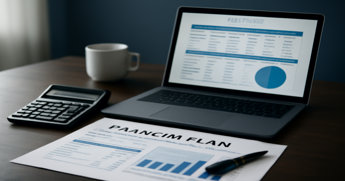 A professional workspace for финансовое планирование with budgeting tools and a laptop.