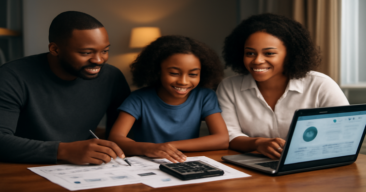 Family budgeting scene illustrating финансовое планирование for achieving financial stability.