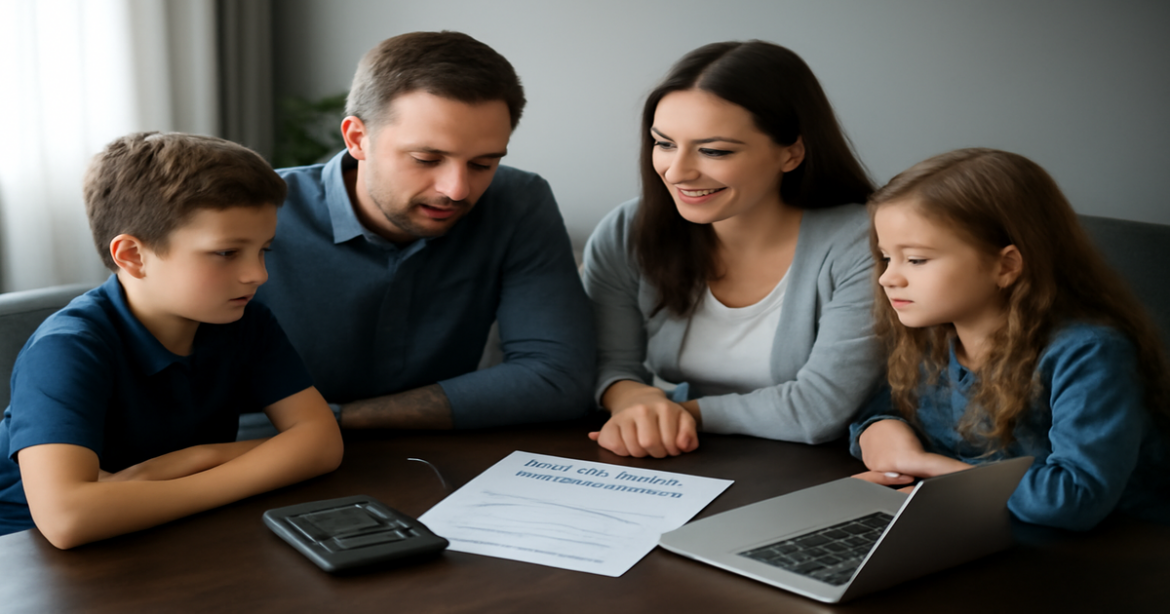 A family engaged in financial planning, showcasing teamwork and stability in managing finances.