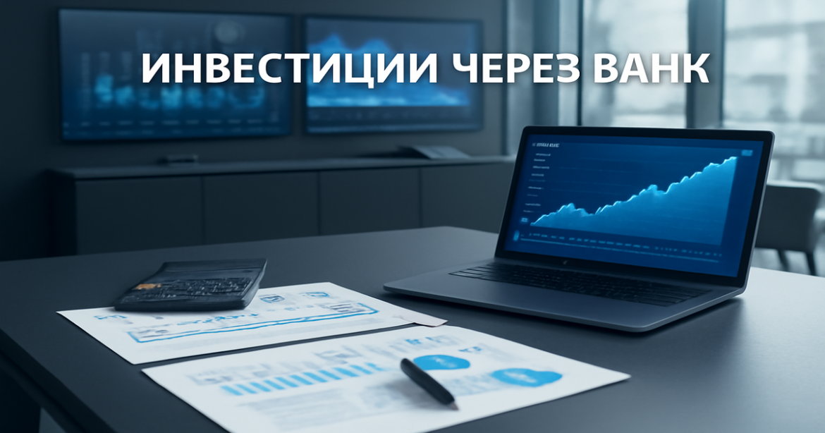 A professional banking image illustrating инвестиции через банк with charts and financial tools.